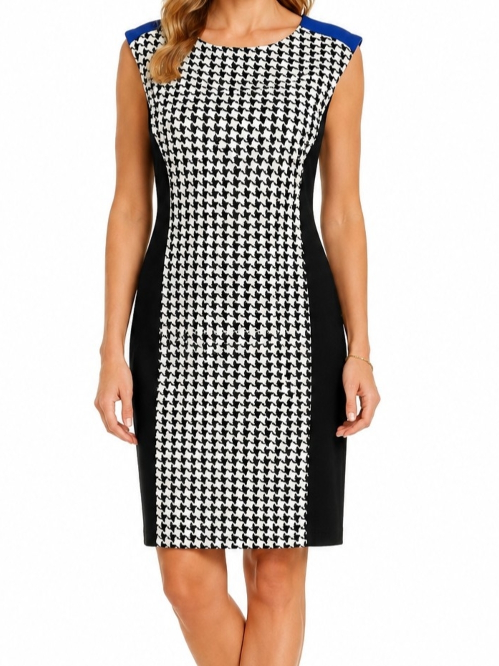 Sleeveless Houndstooth Panel Sheath Dress in Black & White with Blue Accents NWT